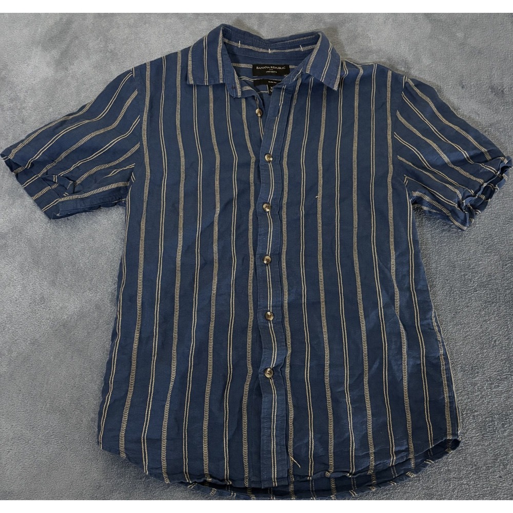 Banana Republic Mens Button Up Shirt Navy Blue Linen Blend Slim Fit Striped XS